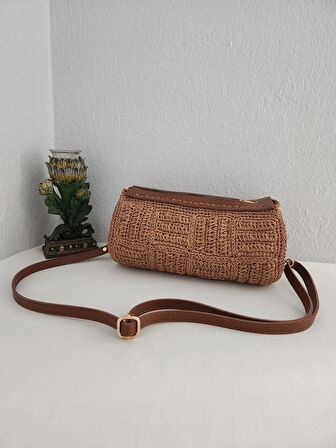 Bowling Bag, Hasır, Silindir, Kadın Omuz Çantası  Taba