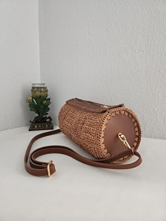 Bowling Bag, Hasır, Silindir, Kadın Omuz Çantası  Taba