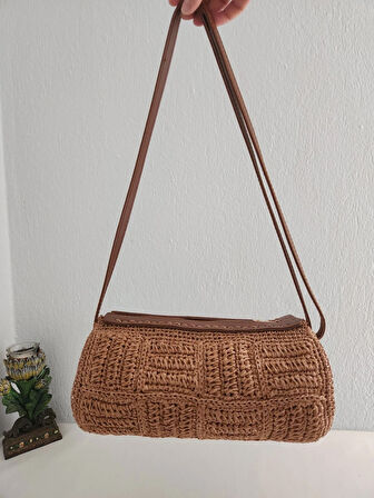 Bowling Bag, Hasır, Silindir, Kadın Omuz Çantası  Taba