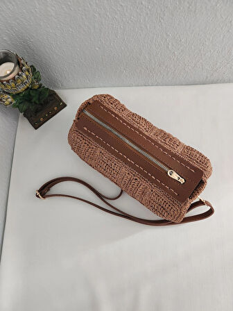 Bowling Bag, Hasır, Silindir, Kadın Omuz Çantası  Taba