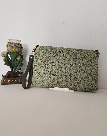 Shell Stitch Model,  Suni Deri Astarlı, Kağıt İp, Clutch  Çanta  Yeşil