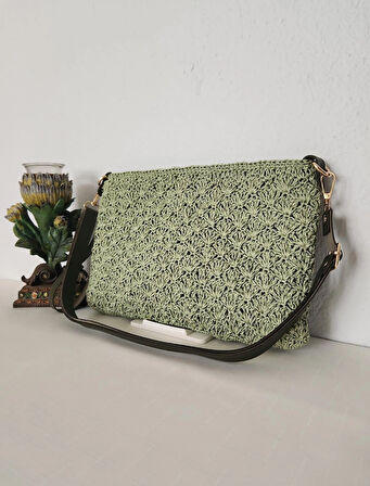 Shell Stitch Model,  Suni Deri Astarlı, Kağıt İp, Clutch  Çanta  Yeşil
