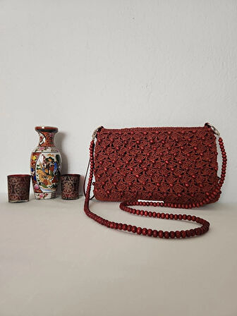 Ahşap Boncuklu,  Suni Deri Astarlı , Kağıt İp, Clutch Çanta  Bordo
