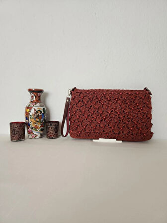 Ahşap Boncuklu,  Suni Deri Astarlı , Kağıt İp, Clutch Çanta  Bordo