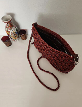 Ahşap Boncuklu,  Suni Deri Astarlı , Kağıt İp, Clutch Çanta  Bordo
