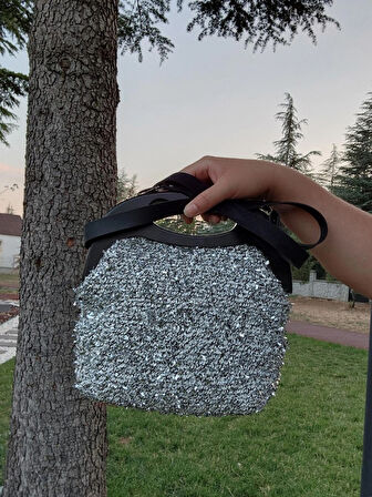 Ahşap Kulplu Burslu Konfettili Kağıt İp El Çantası  Siyah