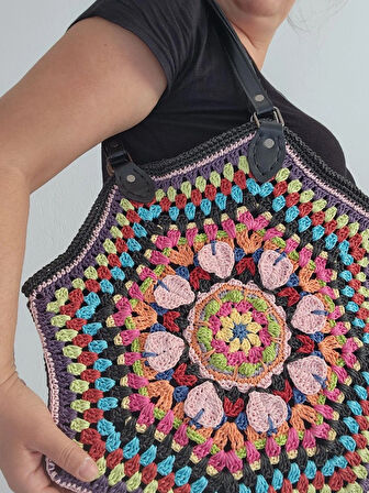 Frida, Mandala , Sekizgen, Renkli, Hasır, Omuz Çantası Çok Renkli
