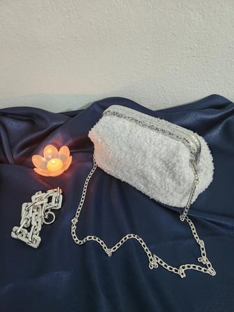 Shine, Beyaz Simli,teddy, Burslu, Kadın El Çantası Beyaz