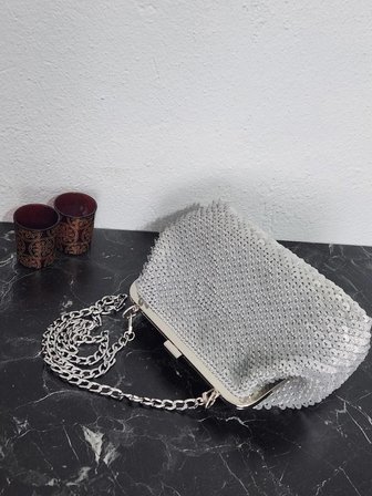 Gümüş Simli Pullu Metal Burslu Kadın El Çantası Gümüş