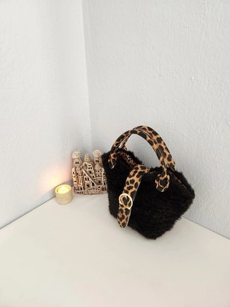 Leopar Desenli, Zara Model Kanvas, Peluş, Kadın El Çantası Siyah