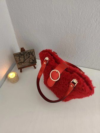 Zara Model Kanvas, Kırmızı, Peluş, Kadın El Çantası