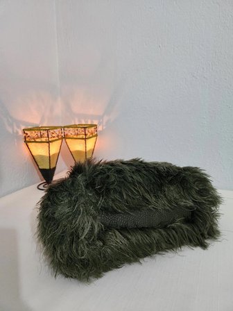 Bambu Saplı,Antik Sarı Klipsli, Yeşil, Peluş, Kadın El Çantası