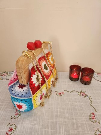 Gökkuşağı Motifli ,ahşap Burslu, Kadın El Çantası,  Çok Renkli