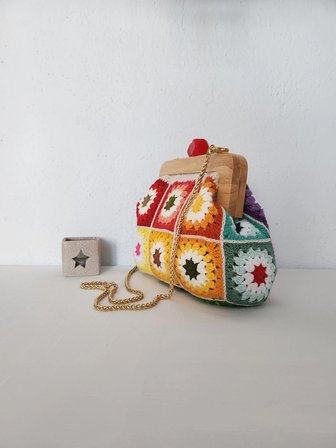 Gökkuşağı Motifli ,ahşap Burslu, Kadın El Çantası,  Çok Renkli