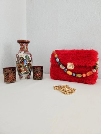 Kırmızı , Peluş, Kanvas, Kadın  Mini Çanta