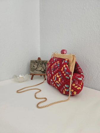 Retro,  Motifli,  Ahşap Burslu,  Kadın El Çantası  Bordo