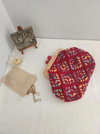 Retro,  Motifli,  Ahşap Burslu,  Kadın El Çantası  Bordo