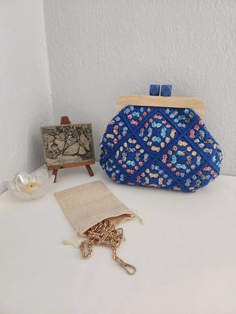 Retro,  Motifli, Ahşap Burslu,  Kadın El Çantası  Saks Mavi