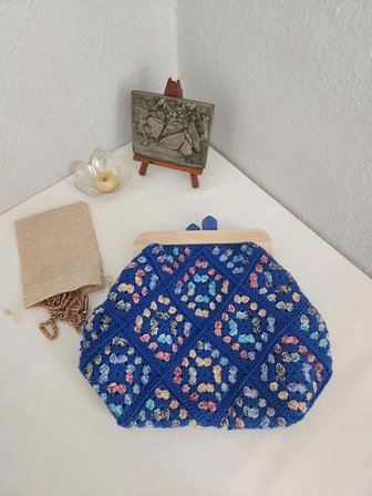 Retro,  Motifli, Ahşap Burslu,  Kadın El Çantası  Saks Mavi