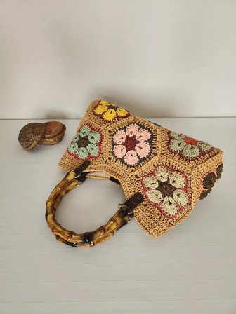 El Yapımı Camel Renk Afrika Çiçeği Motifli Kağıt İp Çanta
