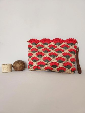 Karanfil Desenli, Suni Deri Astarlı, Rafya Clutch Çanta