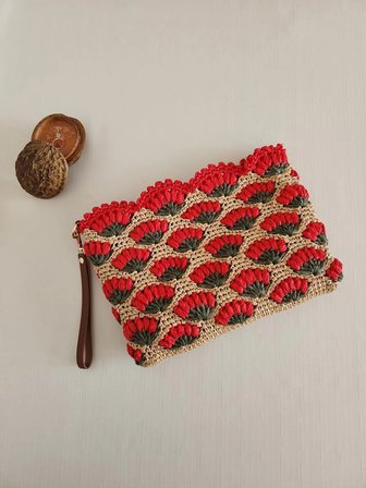 Karanfil Desenli, Suni Deri Astarlı, Rafya Clutch Çanta