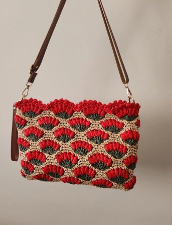 Karanfil Desenli, Suni Deri Astarlı, Rafya Clutch Çanta