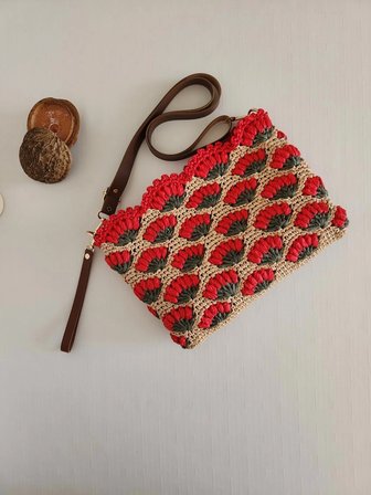 Karanfil Desenli, Suni Deri Astarlı, Rafya Clutch Çanta
