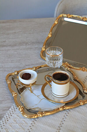 GÜMÜŞ GOLD İŞLEME TASARIM TEPSİ KAHVE SUNUM TEPSİSi SETİ 2 KİŞİLİK 2 ADET