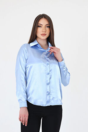 Kadın Hafif Dökümlü Bebe Mavi Saten Gömlek