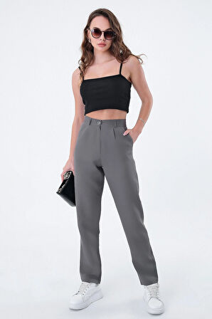 Kadın Gri Dar Kesim Kumaş Pantolon
