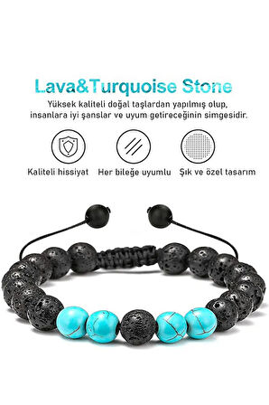 Sertifikalı Doğal Turkuaz Volkanik Lav Taşı Doğal Taş Bileklik Seti