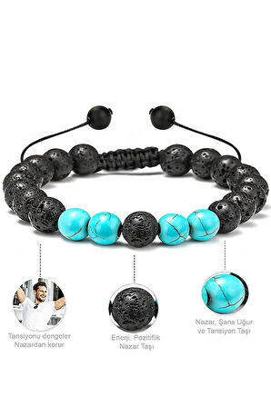 Sertifikalı Doğal Turkuaz Volkanik Lav Taşı Doğal Taş Bileklik Seti