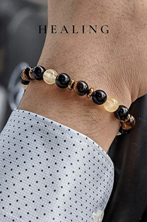 Para Sağlık Mutluluk Doğal Taş Bileklik (kaplan Gözü Sitrin Lav Obsidyen)