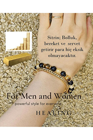 Para Sağlık Mutluluk Doğal Taş Bileklik (kaplan Gözü Sitrin Lav Obsidyen)