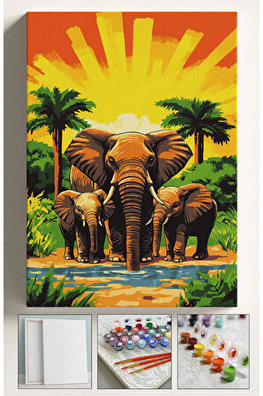 Sayılarla Boyama Hobi Seti Çerçeveli Numaralı Tuval Fırça Boya Dahil Kasnaklı FİL AİLESİ 40x50 Cm