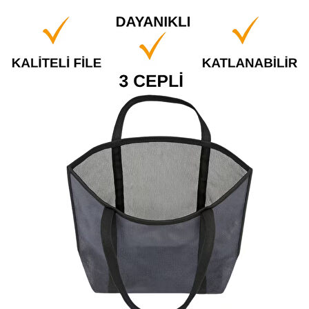 Beylini Fileli Plaj Çantası 3 Cepli Katlanabilir Dayanıklı Kolay Taşıma Geniş Piknik Gezi Çantası 35x45 CM