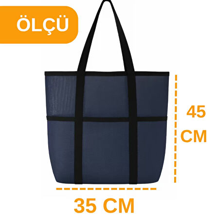 Beylini Fileli Plaj Çantası 3 Cepli Katlanabilir Dayanıklı Kolay Taşıma Geniş Piknik Gezi Çantası 35x45 CM
