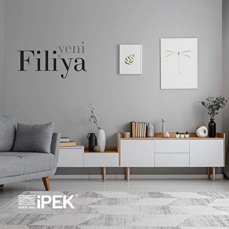 İpek Mekik Halı Filiya Gri Ekru Geometrik Çizgili Halı