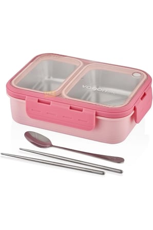 Bento 700ml Lunchbox Tek Katlı 2 Bölmeli Çelik Sefer Tası (Pembe)