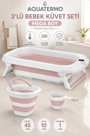 Yeni Termometreli Katlanır Bebek Küveti 45 Lt. 3 Lü Set Pembe