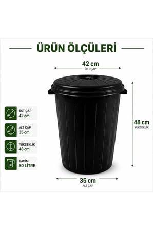 50 Litre Kapaklı Çöp Kovası Siyah | Dayanıklı Plastik | Ev, Ofis, Apartman