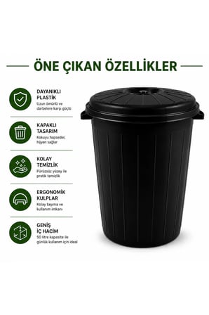50 Litre Kapaklı Çöp Kovası Siyah | Dayanıklı Plastik | Ev, Ofis, Apartman