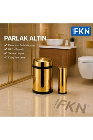 Sallanır Kapaklı Altın Çöp Kovası 8 Litre - Klozet Fırçalı Banyo Seti