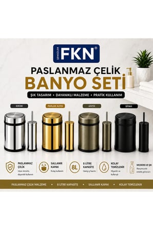 Sallanır Kapaklı Altın Çöp Kovası 8 Litre - Klozet Fırçalı Banyo Seti