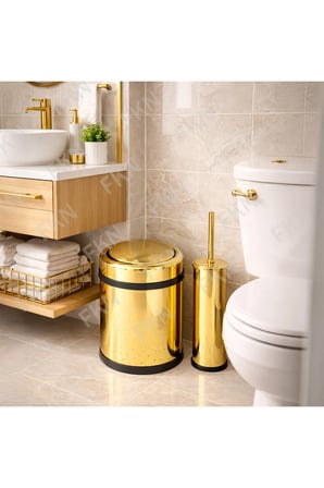 Sallanır Kapaklı Altın Çöp Kovası 8 Litre - Klozet Fırçalı Banyo Seti