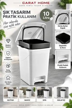 İç Kovalı Slim Pedallı Banyo Mutfak Çöp Kovası - 10 Litre - Beyaz