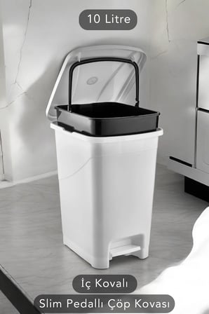 İç Kovalı Slim Pedallı Banyo Mutfak Çöp Kovası - 10 Litre - Beyaz