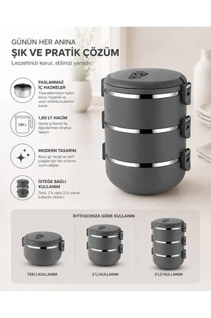 3 Katlı Sızdırmaz Yemek Termosu Modern Sefer Tası Özel Seri Füme