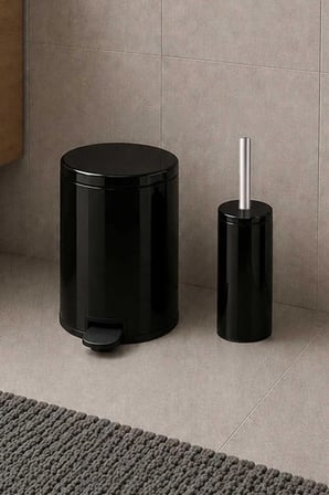2li Banyo Seti Çelik Çöp Kovası ve Tuvalet Fırçası Siyah 3 Litre